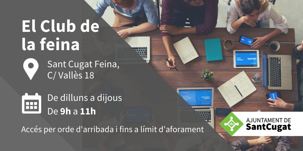 ocupaciostc's tweet photo. ⚠️✅ El servei del #ClubdelaFeina amplia el seu horari
🕐👍🏻Des d'aquesta setmana:
De dilluns a dijous de 9h a 11h (sense cita)
Saps què t'ofereix el Club?➡️https://t.co/wOP9JnKvnv
#LaCiutaEndavant #recercadefeina #ocupació #ObjectiuAtur0 https://t.co/9Rbn431rqH