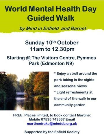 A#health #BigLocal #Residents #enfield #N9 #youth #environment #London #volunteers #EdmontonN9 #NorthLondon #environmental #environmentallyconscious #outdoors 

A Guided Walk around Pymmes Park 

Sunday 10 October, 11am – 12:30pm 

Join Enfield and Barnet MIND for a stroll a…