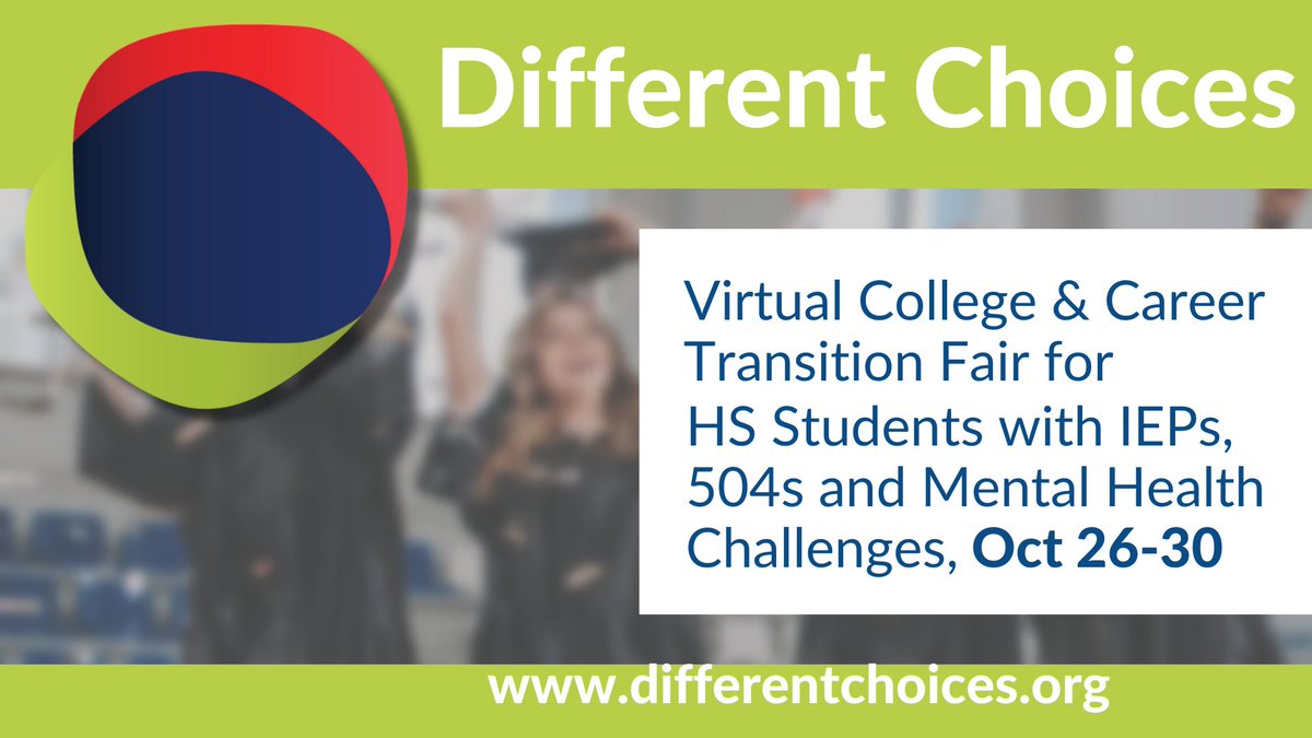 DearbornAcademy's tweet photo. Just 3 weeks to Different Choices, the virtual college, career &amp; resources fair for students with IEPs, 504s and/or mental health challenges. Free presentations, workshops, on-demand programs, and the opportunity to ask every &amp; any Q about life post-HS. https://t.co/ufecZ0pz2X https://t.co/osvHHwwGdR