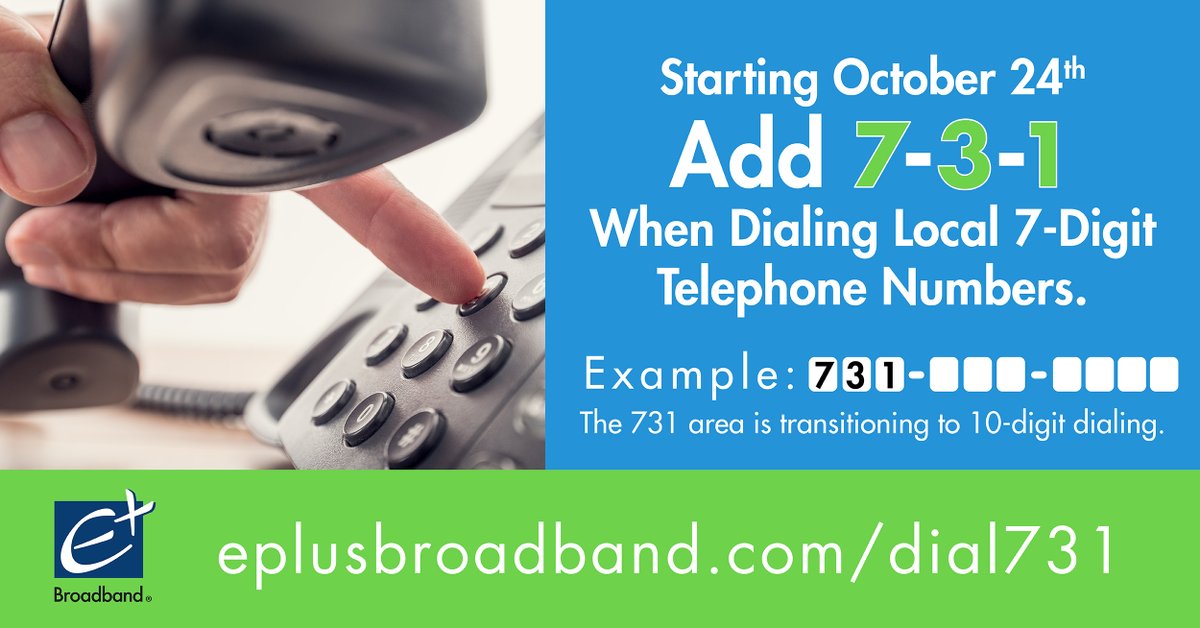 Jaxenergy's tweet image. Reminder: Soon, you’ll need to add 7-3-1 when you dial local telephone numbers. Our area is transitioning from 7-digit dialing to 10 digits starting Sunday, October 24th.   eplusbroadband.com/dial731  fcc.gov/consumers/guid…