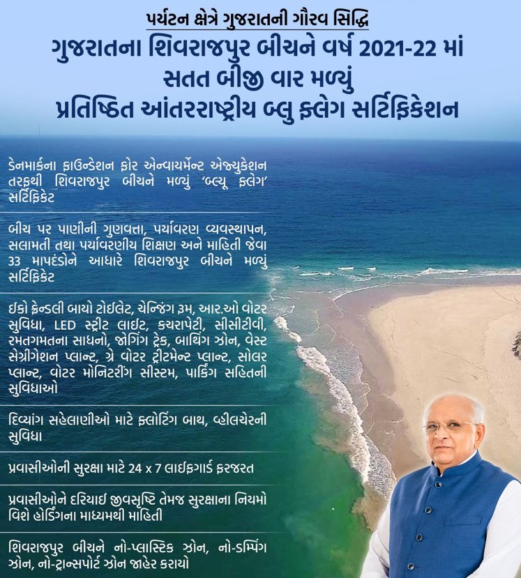 Bhupendrapbjp's tweet photo. ગુજરાતના શિવરાજપુર બીચને સતત બીજીવાર વર્ષ 2021-22 માટે પ્રતિષ્ઠિત આંતરરાષ્ટ્રીય ‘બ્લ્યૂ ફ્લેગ’ બીચ માટેના સર્ટિફિકેનની જાહેરાત તથા રાષ્ટ્રીય સ્તરે પર્યાવરણ જાગૃતિ માટેના “આઈકોનીક વીક” કાર્યક્રમનો શુભારંભ https://t.co/TwuYteNT8r
