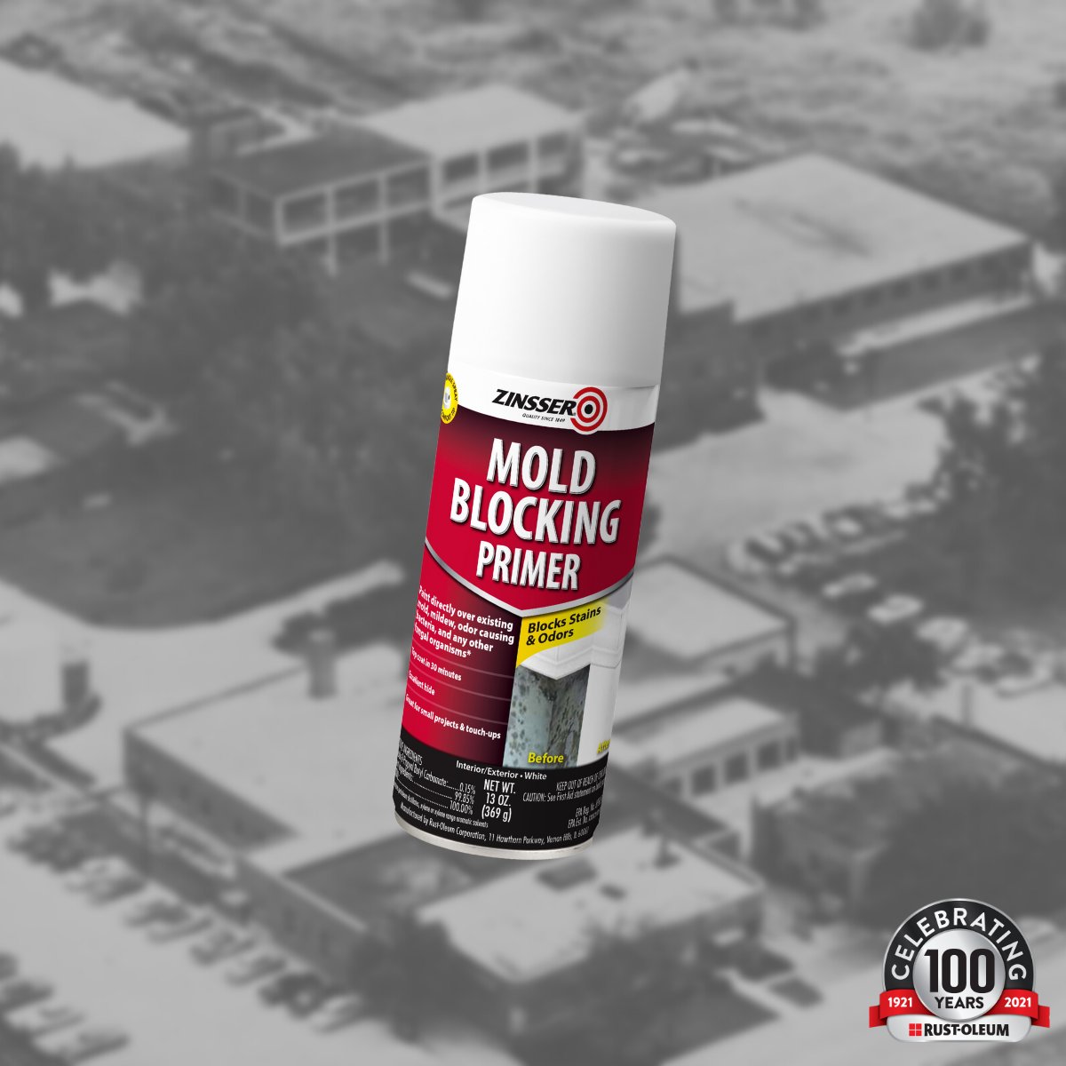 RustOleum's tweet photo. We’re celebrating our 100th Anniversary! Zinsser Mold Blocking Primer, the first-ever EPA-registered aerosol paint of any kind launched in 2018. #RO100 https://t.co/88WRZazEcA