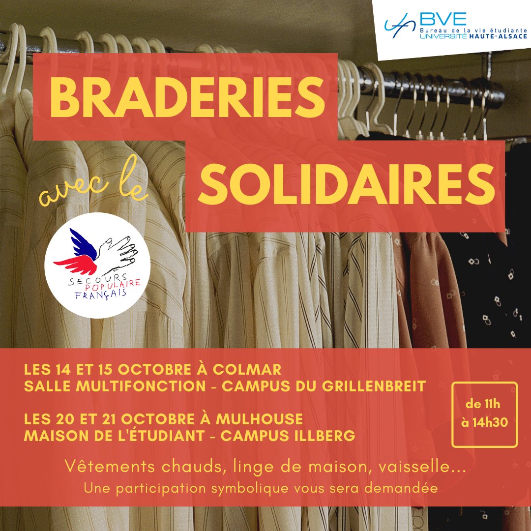 UHA68's tweet photo. Le Bureau de la Vie Étudiante organise, en partenariat avec le Secours Populaire, des braderies solidaires.
Entrée libre et ouverte à tous les étudiants ✌️ https://t.co/DS3vAPSGoC