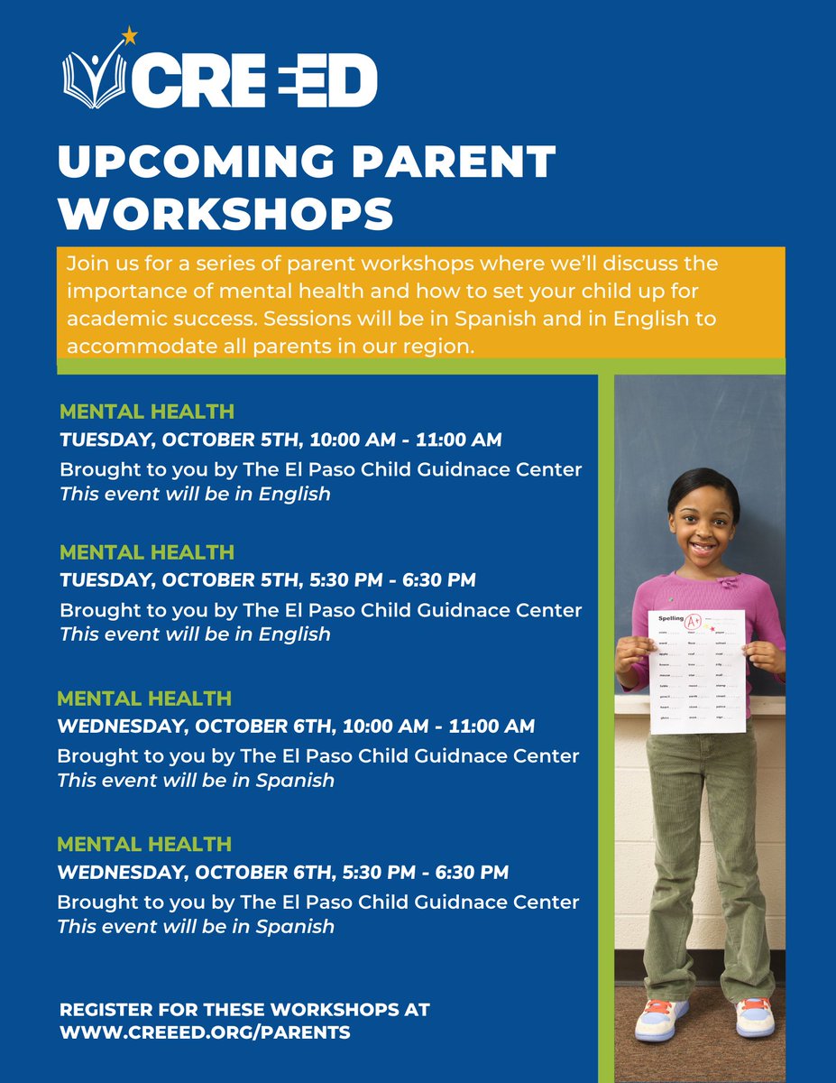 Don’t miss out on our Mental Health Parent Workshops hosted by @elpasocgc! Register today to learn more about stressors and the importance of healthy habits for students: bit.ly/3B6YUIE