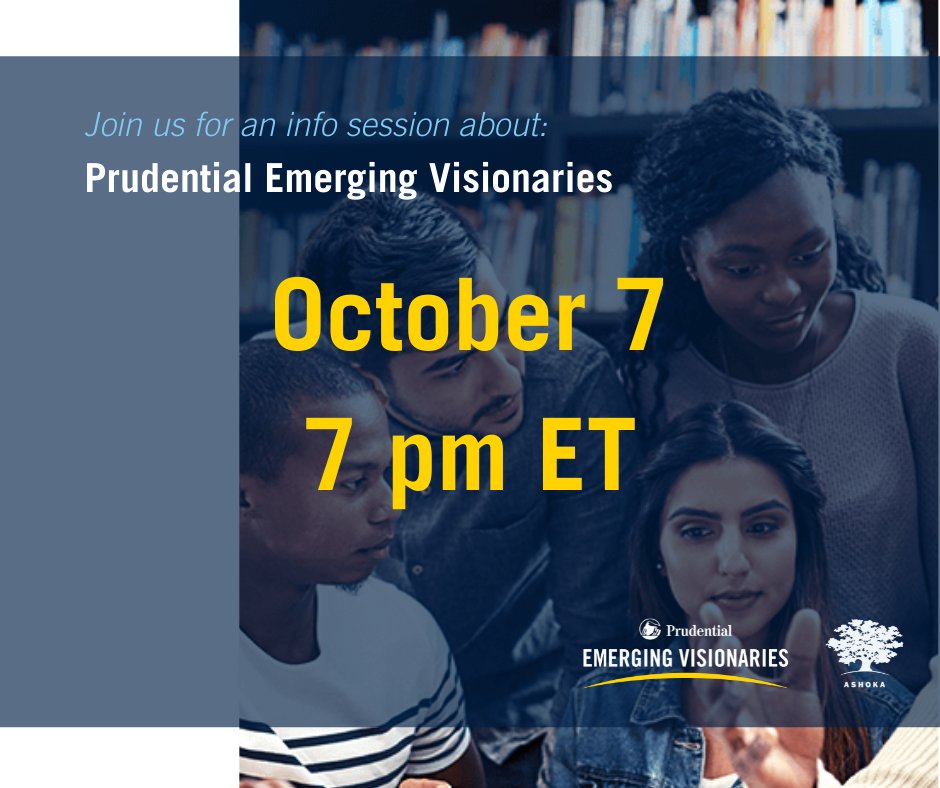Want to learn more about Prudential Emerging Visionaries? You can join our info session tomorrow, October 7, here: us02web.zoom.us/j/86266602045?…

Meeting ID: 862 6660 2045
Passcode: makechange

#PruEmergingVisionaries

<a href="/Changemakers/">Ashoka Changemakers</a> <a href="/Ashoka/">Ashoka</a> @pruemergingvis