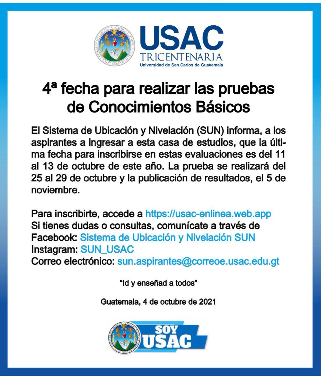 ElSancarlistaU's tweet photo. #PorSiNoLoViste 
La @usacenlinea anuncia últimas fechas de inscripción para evaluaciones de primer ingreso. Tome nota que es del 11 al 13 de octubre. #Inscripciones #Usac https://t.co/BXXEiarZ9a