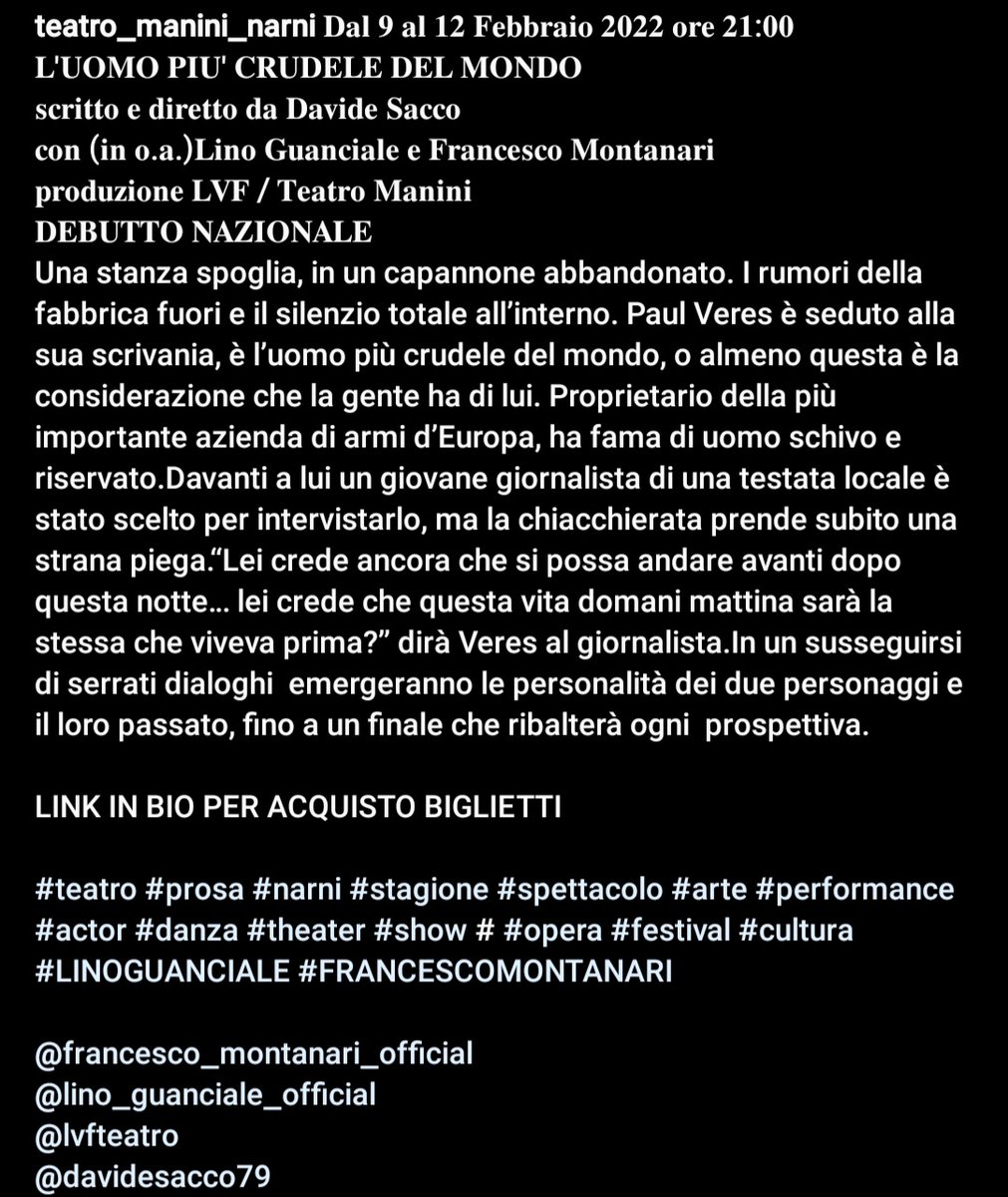 #LinoGuanciale #FrancescoMontanari #LUomoPiùCrudeleDelMondo #TeatroManini