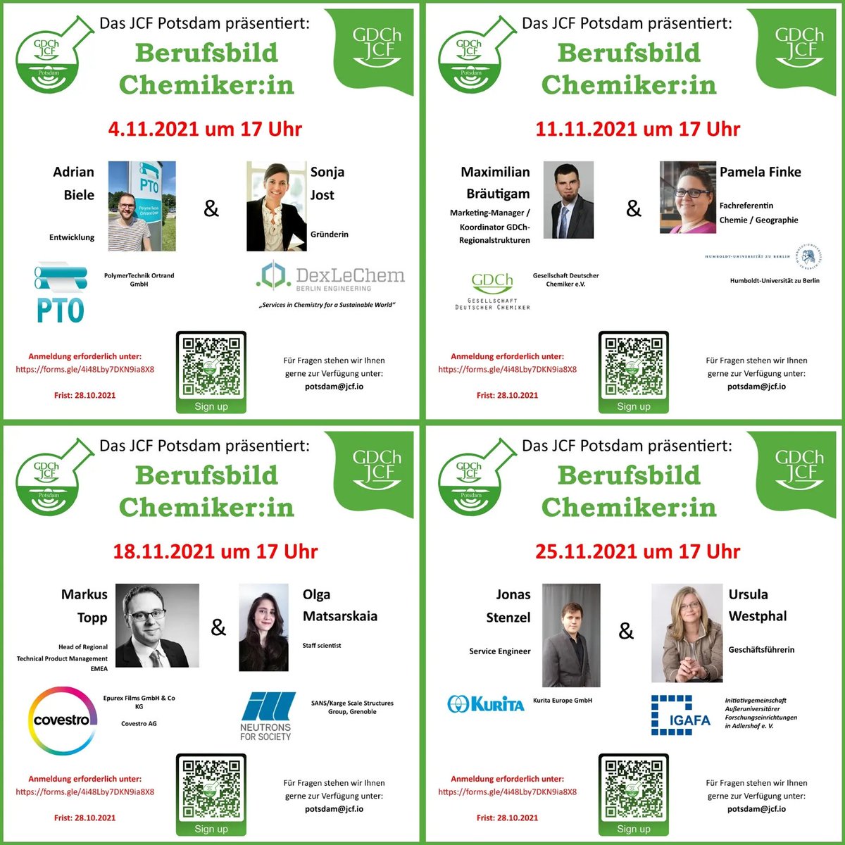 JCF_Potsdam's tweet photo. We proudly present our speakers for the "Berufsbild Chemiker:in" series this November. Did you sign up yet?? If not here's your chance: https://t.co/7KM44bRn9X https://t.co/IgTMgywsNs