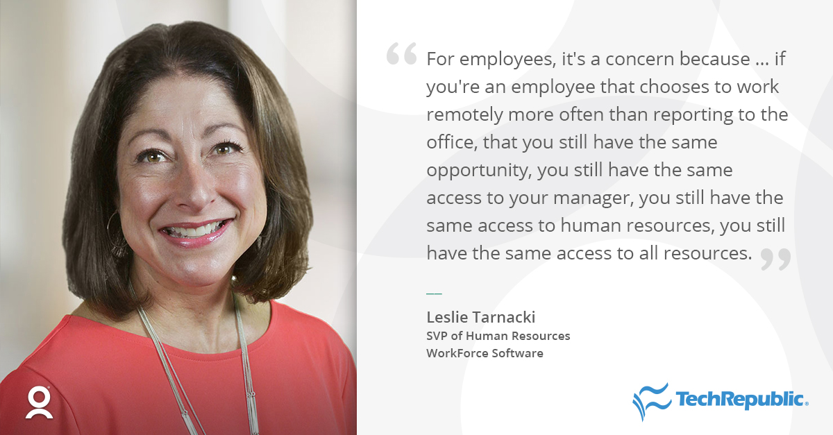 HelenHayward's tweet photo. Leslie Tarnacki, SVP of Global Human Resources at WorkForce Software, spoke with TechRepublic about the importance of workplace equity as hybrid work schedules gain popularity. https://t.co/OlMoHrPVeR #MakingWorkEasy https://t.co/IO47gSmyrp