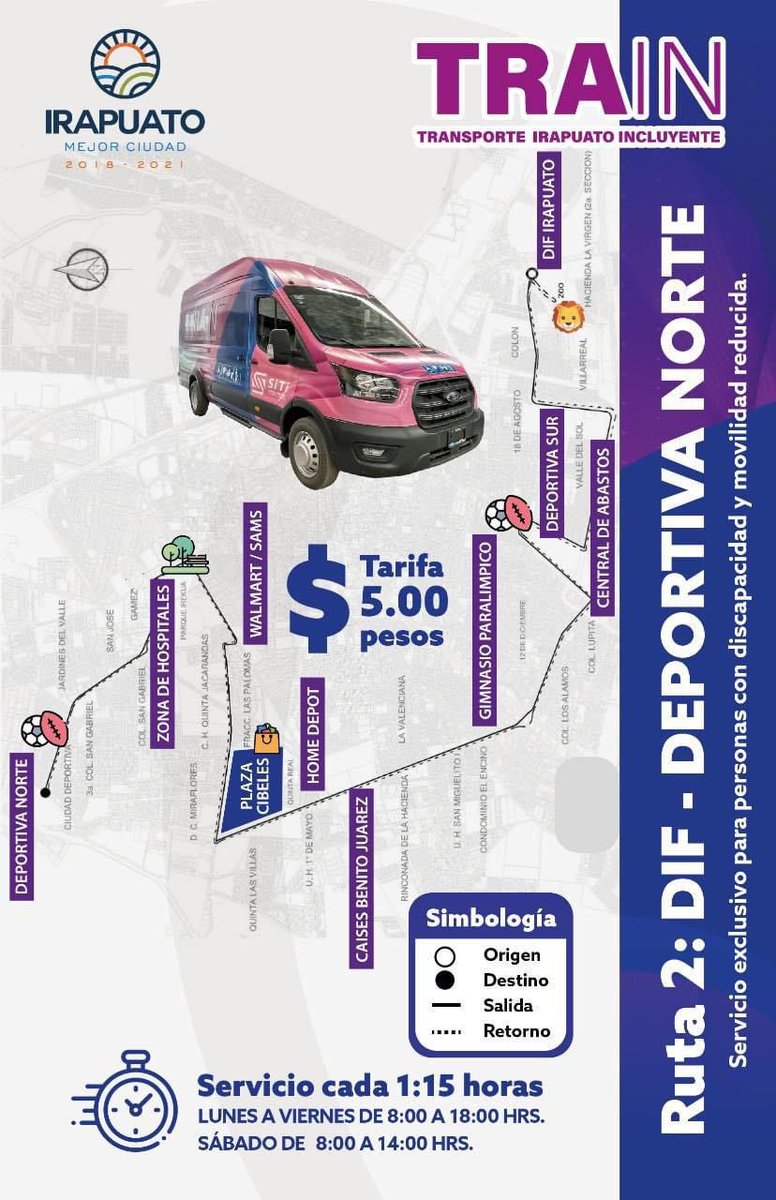 irapuatogob's tweet photo. #SabíasQue 
En #Irapuato contamos con unidades de transporte público adaptadas para el uso de personas con discapacidad.
El costo del servicio es de $5.00 y actualmente cuentan con 2 rutas #TRAIN. https://t.co/A169Koo7Zy