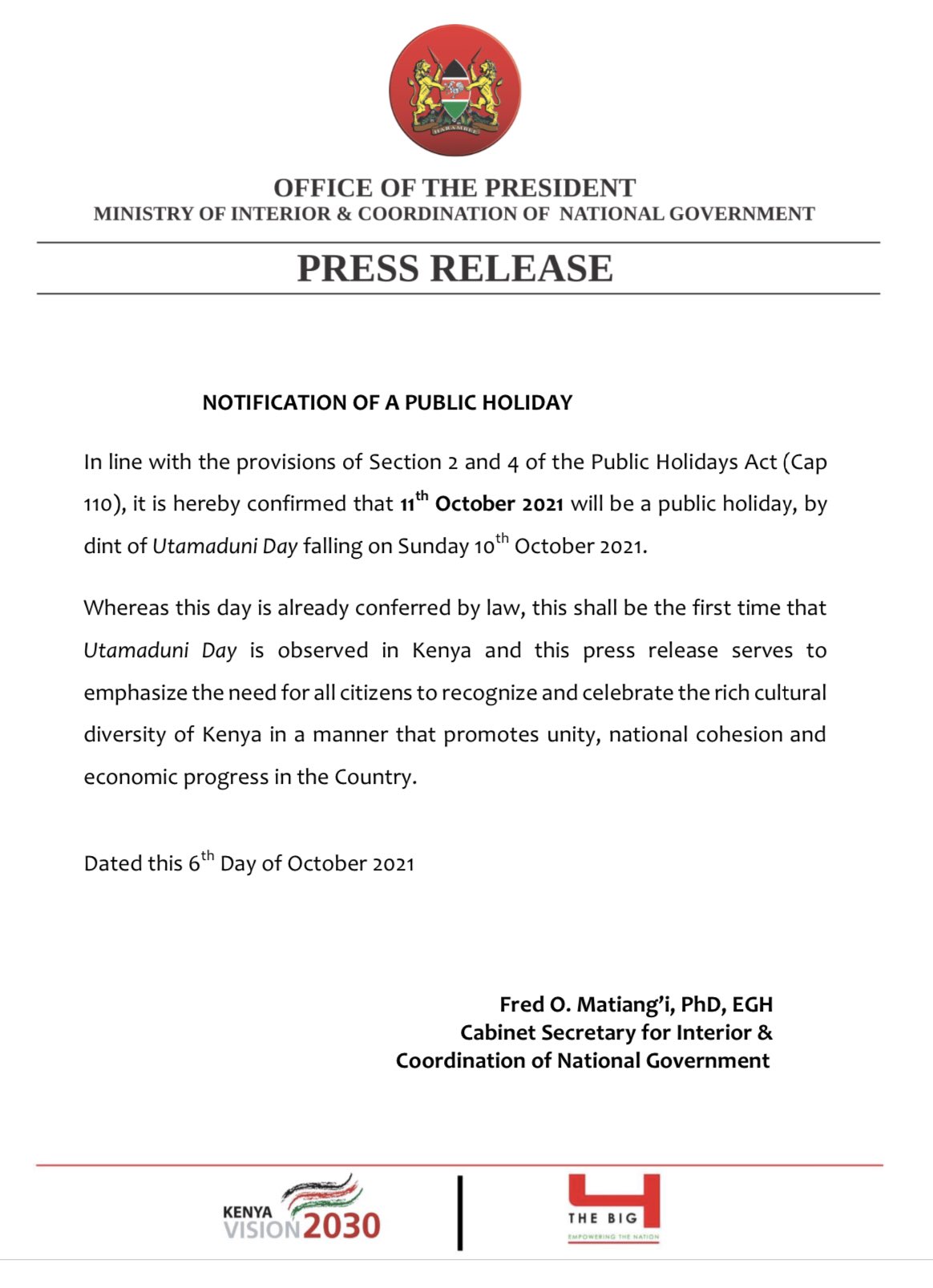 Ministry Of Interior On Twitter October 11 2021 Will Be A Public Holiday Utamaduni Day