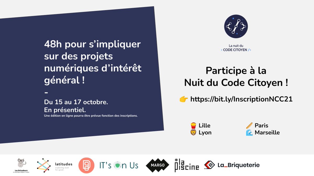 💻 Les 15-17 octobre rejoignez les plus de 100 participant.e.s pour le #Hackathon #NuitCodeCitoyen et aidez des projets de #techforgood ! 🍃
👉 bit.ly/InscriptionNCC…