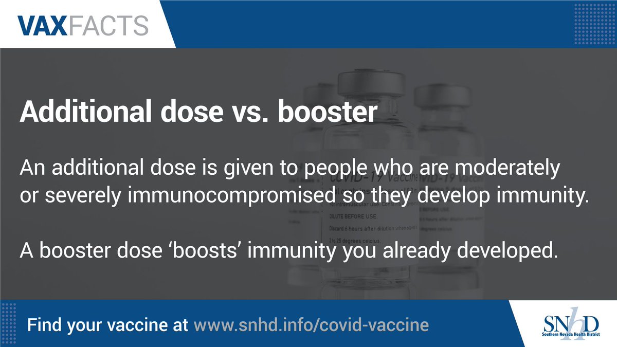 #VaxFact: Additional dose versus booster. What’s the difference? An additional dose is given to people who are moderately/severely immunocompromised so they develop immunity. A booster dose ‘boosts’ immunity you already developed. For information, visit: j.mp/3ilT3YZ
