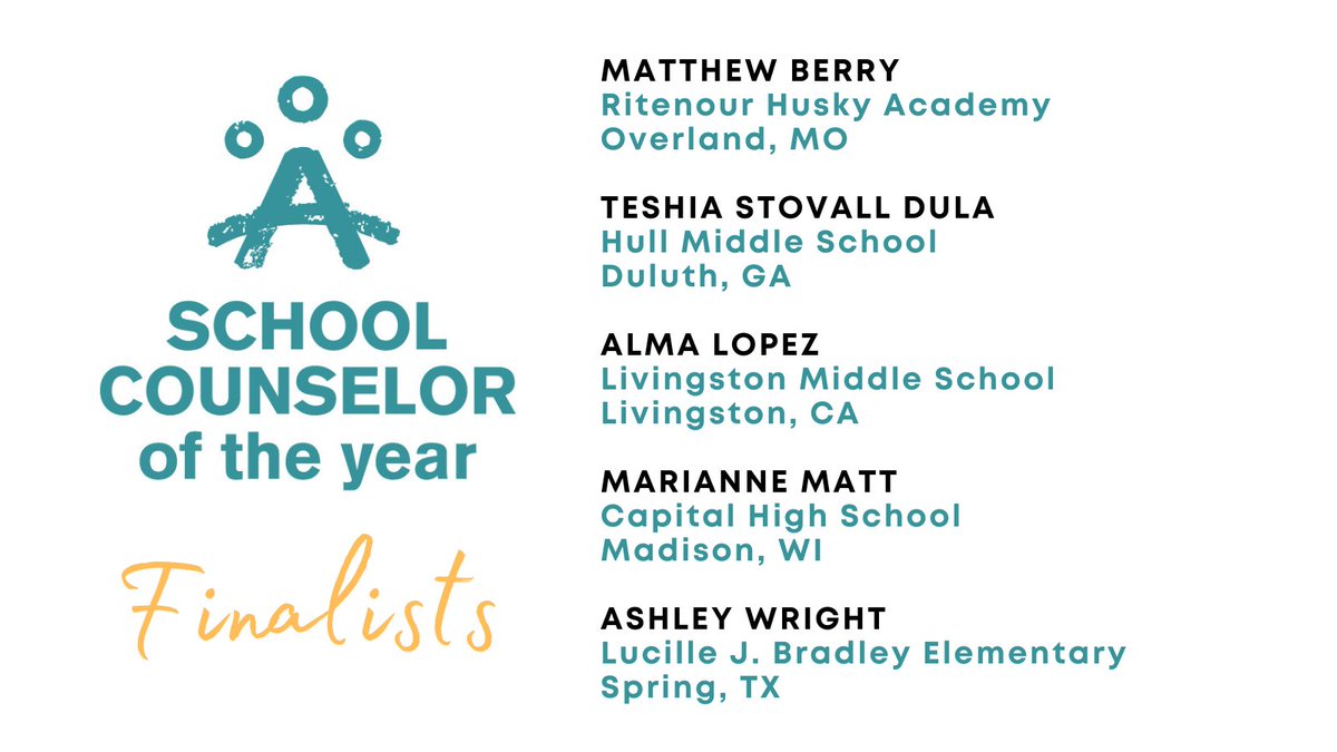 ASCAtweets's tweet photo. Congratulations to the five finalists for the ASCA 2022 School Counselor of the Year! We will announce the 2022 School Counselor of the Year in late fall. https://t.co/E9CHGKyygi