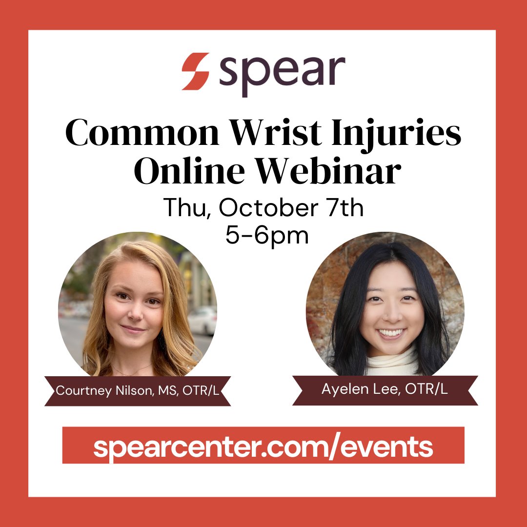 Come learn more about common wrist injuries with Spear Occupational at our free webinar focused on common wrist injuries, happening this Thu 10/7 at 5pm! RSVP here! 
eventbrite.com/.../common-wri…...