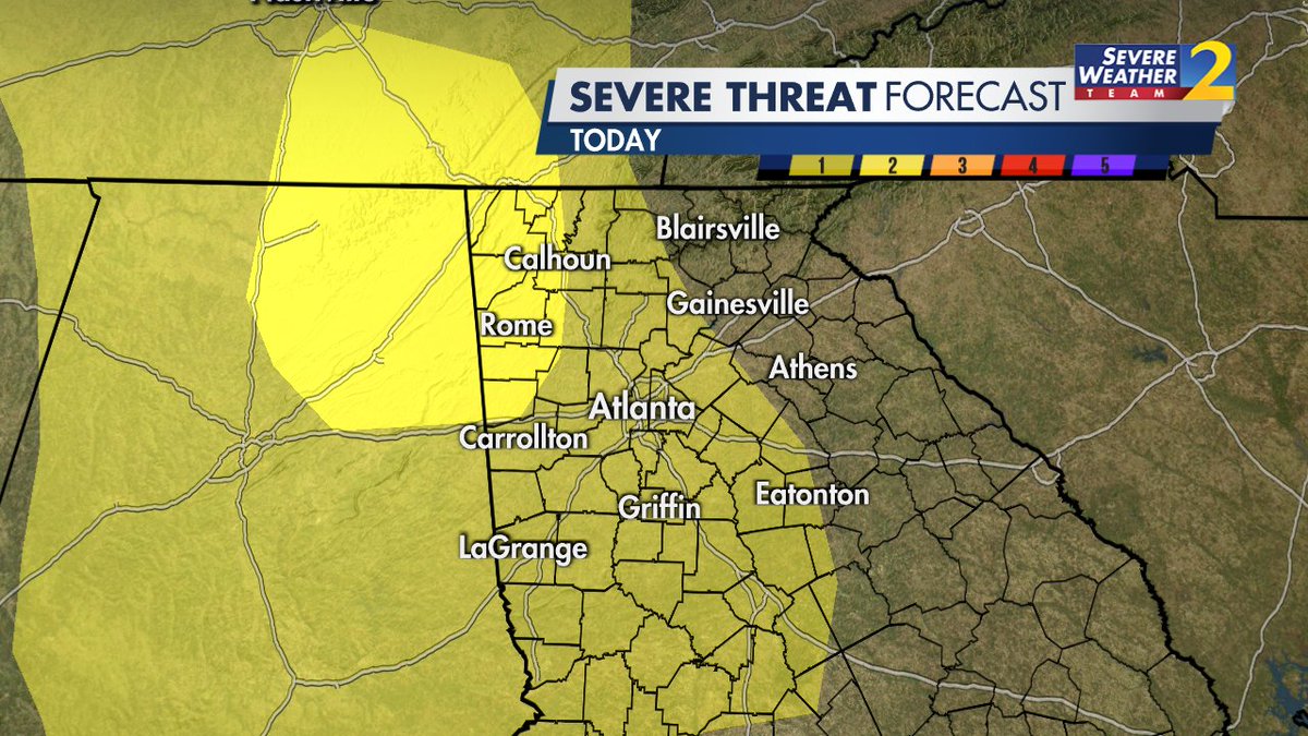 EboniDeonWSB's tweet photo. Low end threat for strong to severe storms around metro Atlanta, level 1 of 5. Slight risk, level 2 of 5, for northwest Georgia. Heavy rain, damaging wind gusts and brief tornado possible. https://t.co/LWRgNFExpA