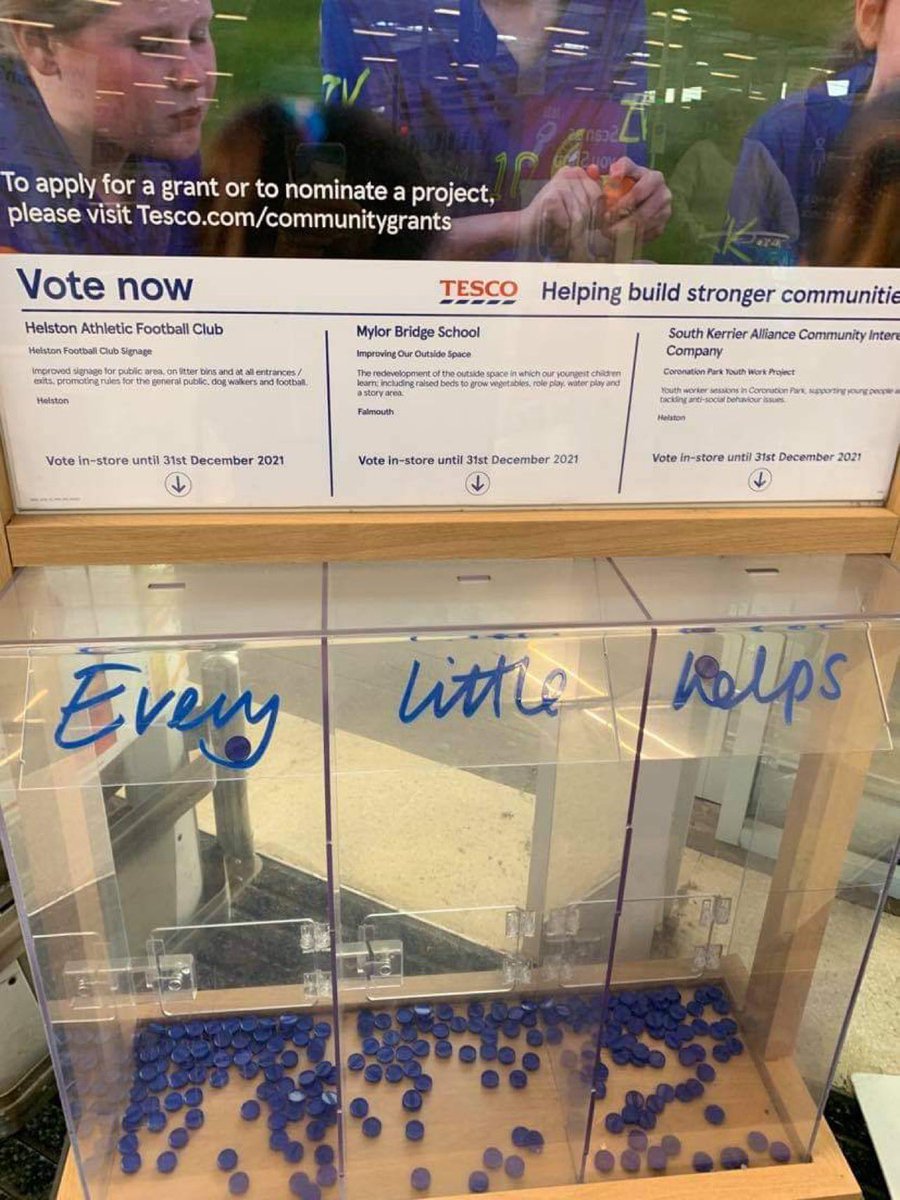 .Should anyone be shopping in Tesco Helston this month, and receive one of the little blue counters - 🔵, please feel free to drop in our little container at the exit in support of improved signage and bins around the ground and public area… 
#everylittlehelps