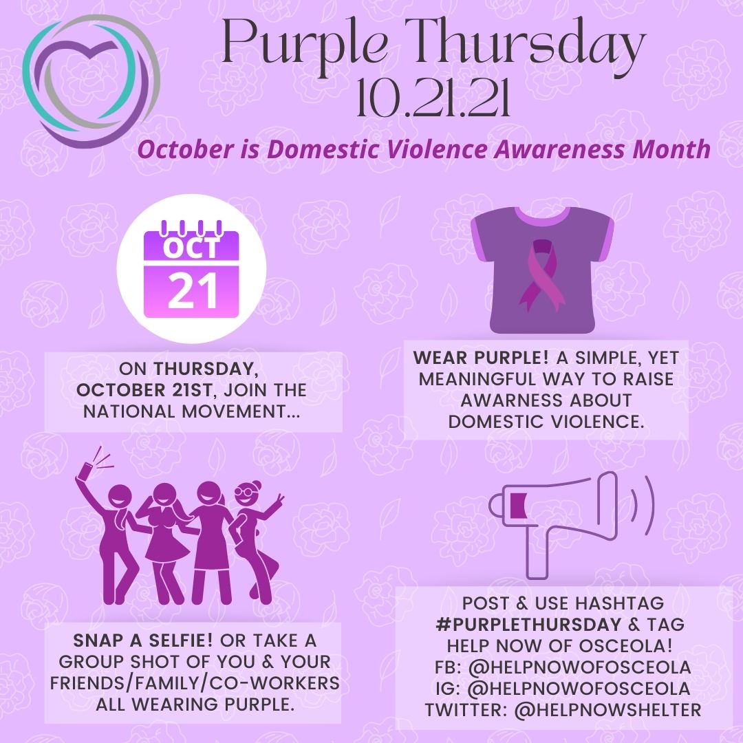 October is Domestic Violence Awareness Month. DV awareness is associated with the color purple, which is a symbol of peace, courage, survival, honor &amp; dedication to ending violence. On Oct 21, wear purple to show support for survivors &amp; tag us! Use hashtag #PurpleThursday 💜