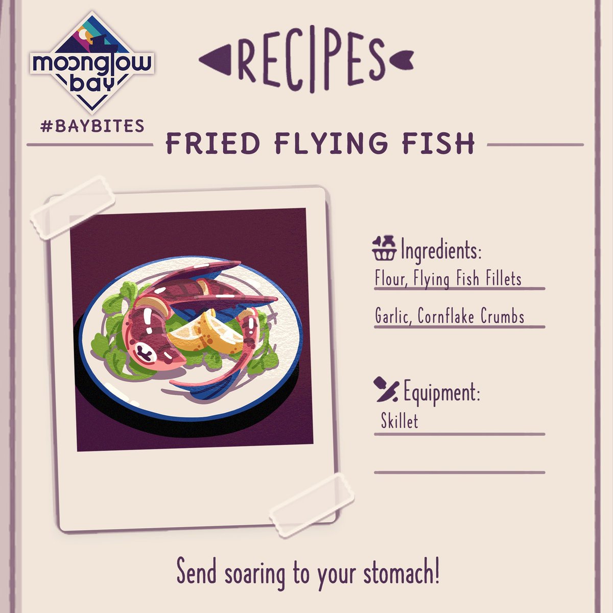 MoonglowBay's tweet photo. Perch-ance you've heard of this delicious dish I've prepared for #BayBites 

Alliteration aside, Fried Flying Fish is the best kept sea-cret in Moonglow Bay and won't leave you feeling blow-ted.

Just don't forget those all-important ingredients &amp; a squeeze of lemon on side! https://t.co/HX1cdPLaMy