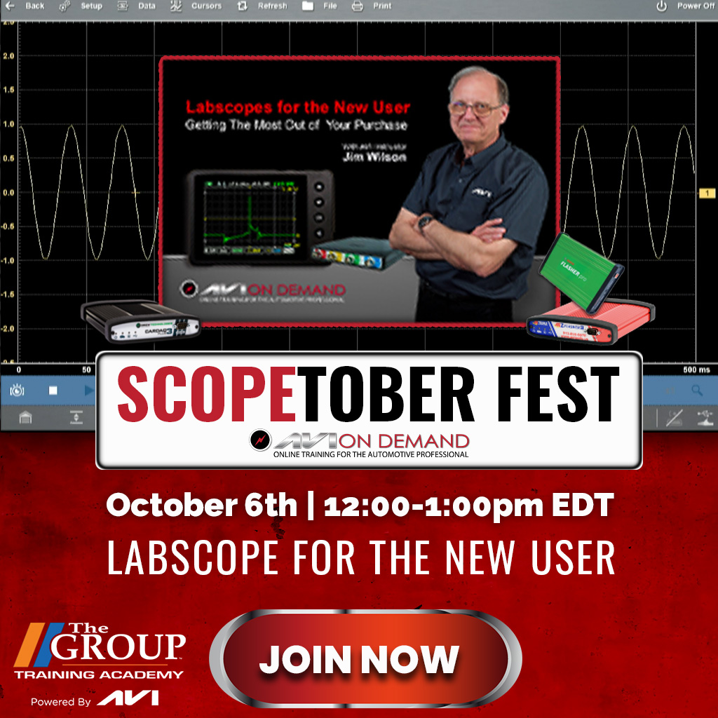 automotivevideo's tweet image. Today at 12pm - 1pm EDT join us for a live presentation of "Labscopes For The New User" 

Join Free Now: ow.ly/gBFM50GmV4B

#ScopetoberFest #automotivetechnicians #labscopes #AVI #TGTA