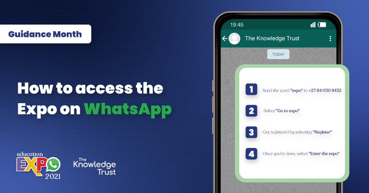Knowledgetrust's tweet photo. The world's first Education &amp; Career Expo on @WhatsApp is live. 🎊 Join the biggest, most accessible expo of the year by sending the word "expo" to +27 84 030 9432 on WhatsApp. Or simply click here 👉 https://t.co/k3Zst2KXxO
#WhatsAppExpo #WhatsApp https://t.co/tZMTsn1b9I