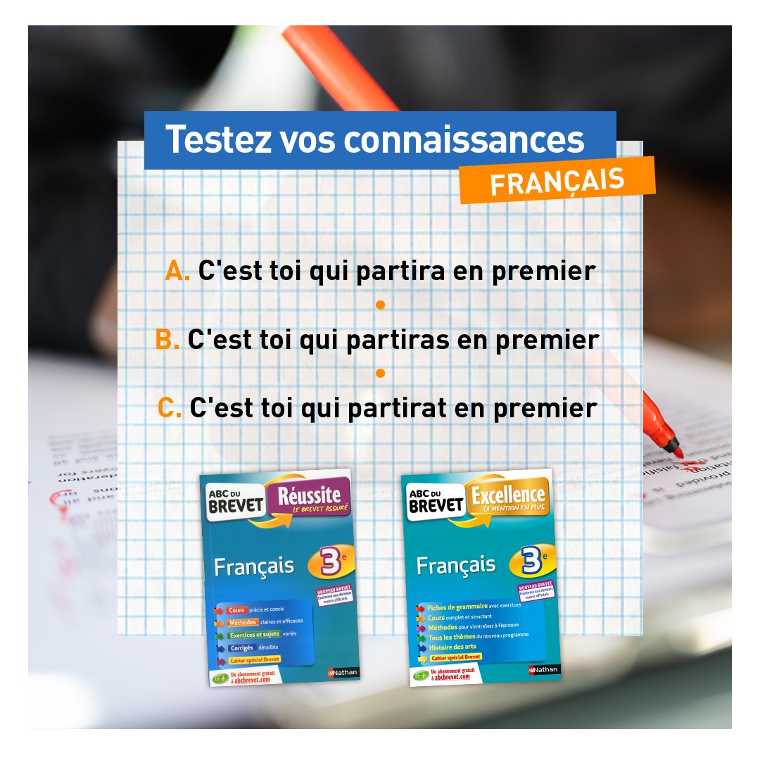 Brevet_Nathan's tweet photo. Trouvez la phrase qui est correctement rédigée et partagez-nous votre réponse en commentaire.

Se remémorer les bases de la langue française et sa conjugaison nous permet d’éviter les fautes d’orthographe. Ça vous dirait une petite piqûre de rappel avant les épreuves ?
#Nathan https://t.co/ZzORtPZvAG