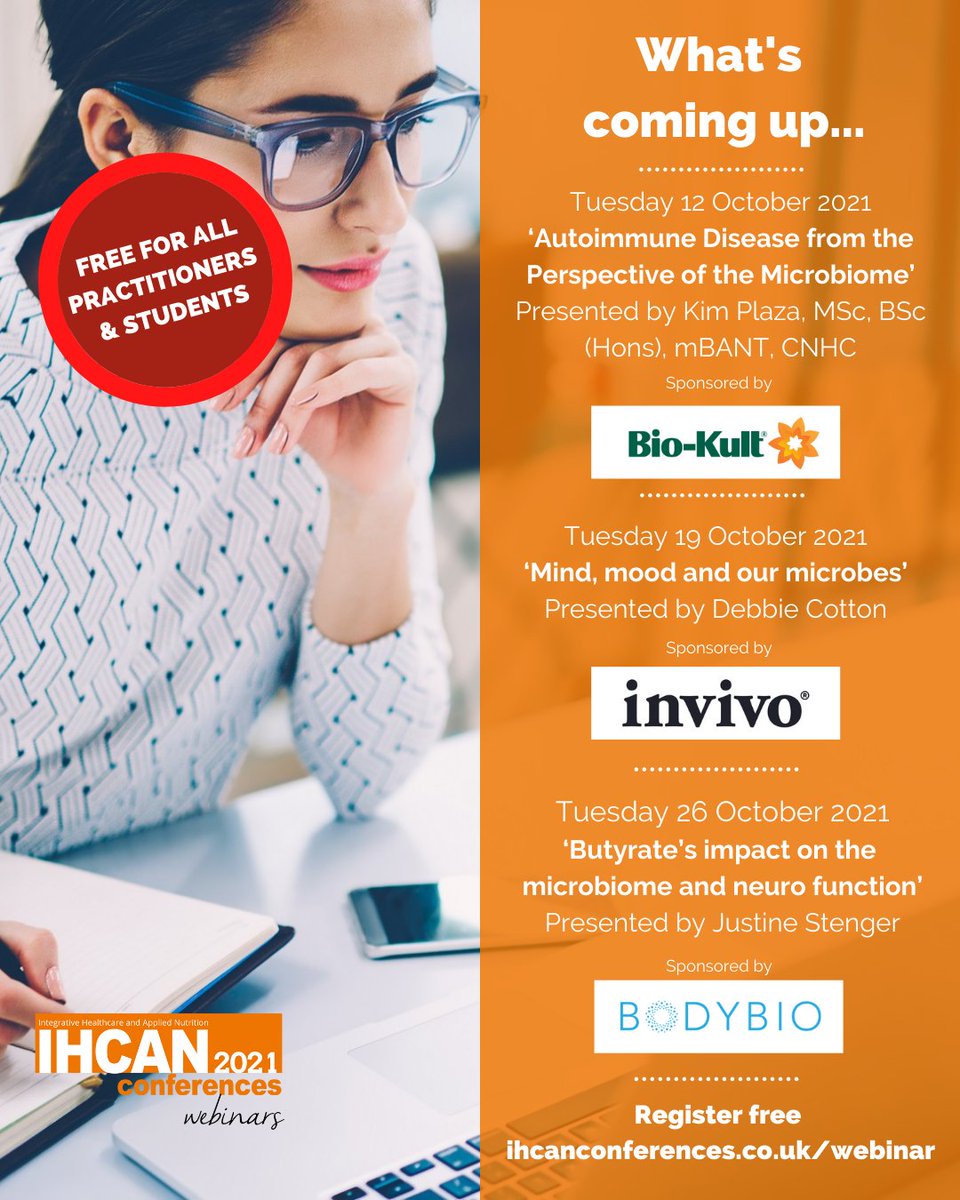 IHCANconference's tweet photo. The education keeps coming...
We've got a whole host of free CPD accredited webinars coming up in October.
Register free 👉 https://t.co/RAAoQmnFlw
#nutritionaltherapy #cpd #ihcanconf #ihcan https://t.co/jumqTEgH6h
