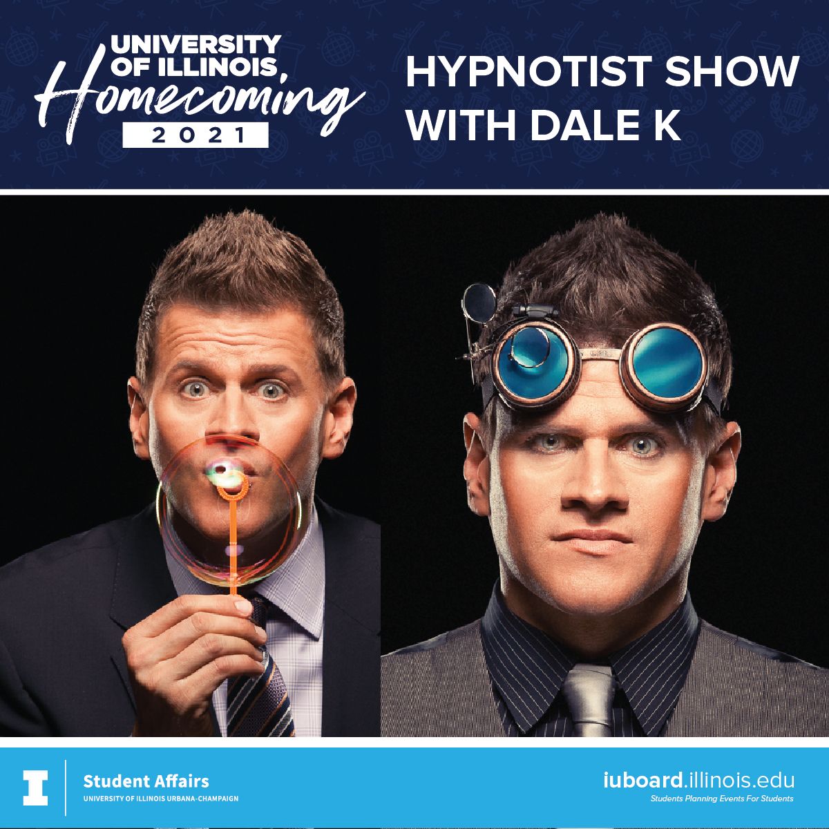 IUBoardPresents's tweet photo. See you tonight for our #ILLINOISHomecoming Hypnotist Show at the Illini Union! Featuring Dale K at 7 pm in the Illini Union I-Rooms. 
An event you won't want to miss! 🌀 https://t.co/3FWFrkNP97