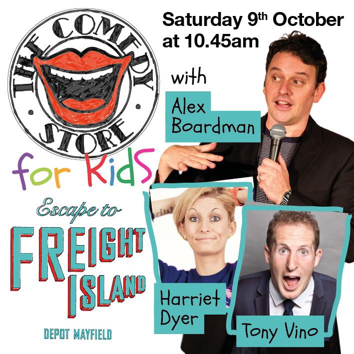 Hello!! Cheer up the wee rug-rats this Saturday morning. 

Bring them to <a href="/freightisland/">Escape to Freight Island</a> for our second Comedy Store for Kids! The first one was a blast and this will be even better!

<a href="/alxboardman/">alex boardman</a> @HarrietDyerCom <a href="/tonyvino/">Tony Vino</a> 🔥

thecomedystore.co.uk