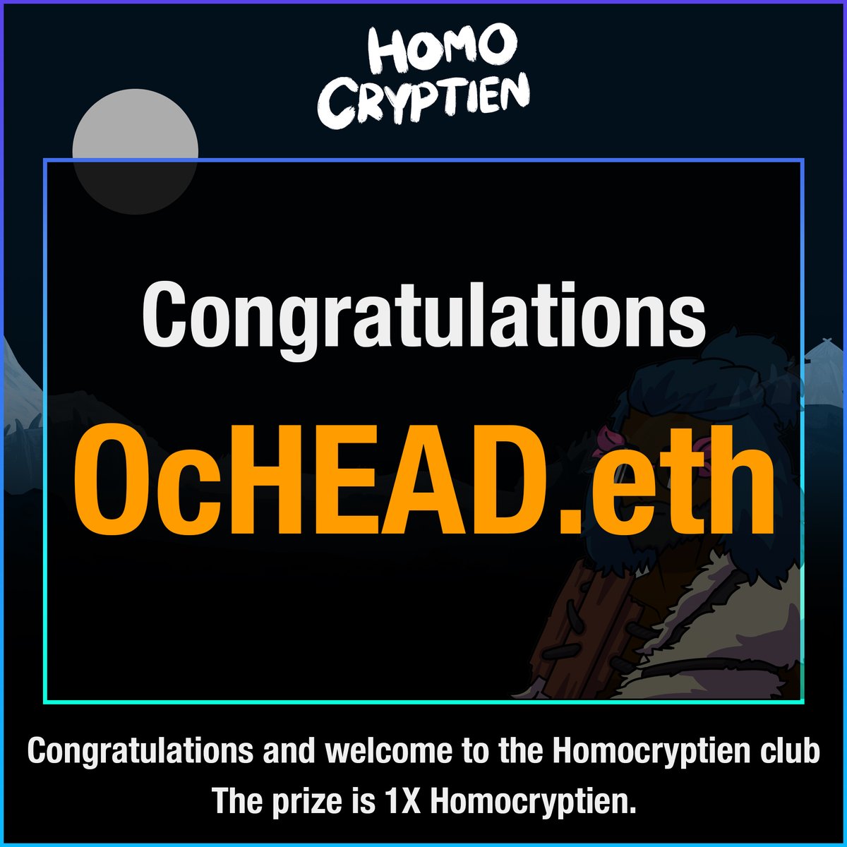 Homocryptien's tweet image. 🌟"Homocryptien Giveaway#1" Ended🌟

🎉🎉Congratulations to "@OcHEAD7" 🏆

Welcome to the #HMCnft gang🤟
🫂🫂🫂🫂 
join us here ⬇️⬇️
discord.gg/kkWTSjsZen 

#NFTGiveaway #NFTcommunitiy #NFTs
