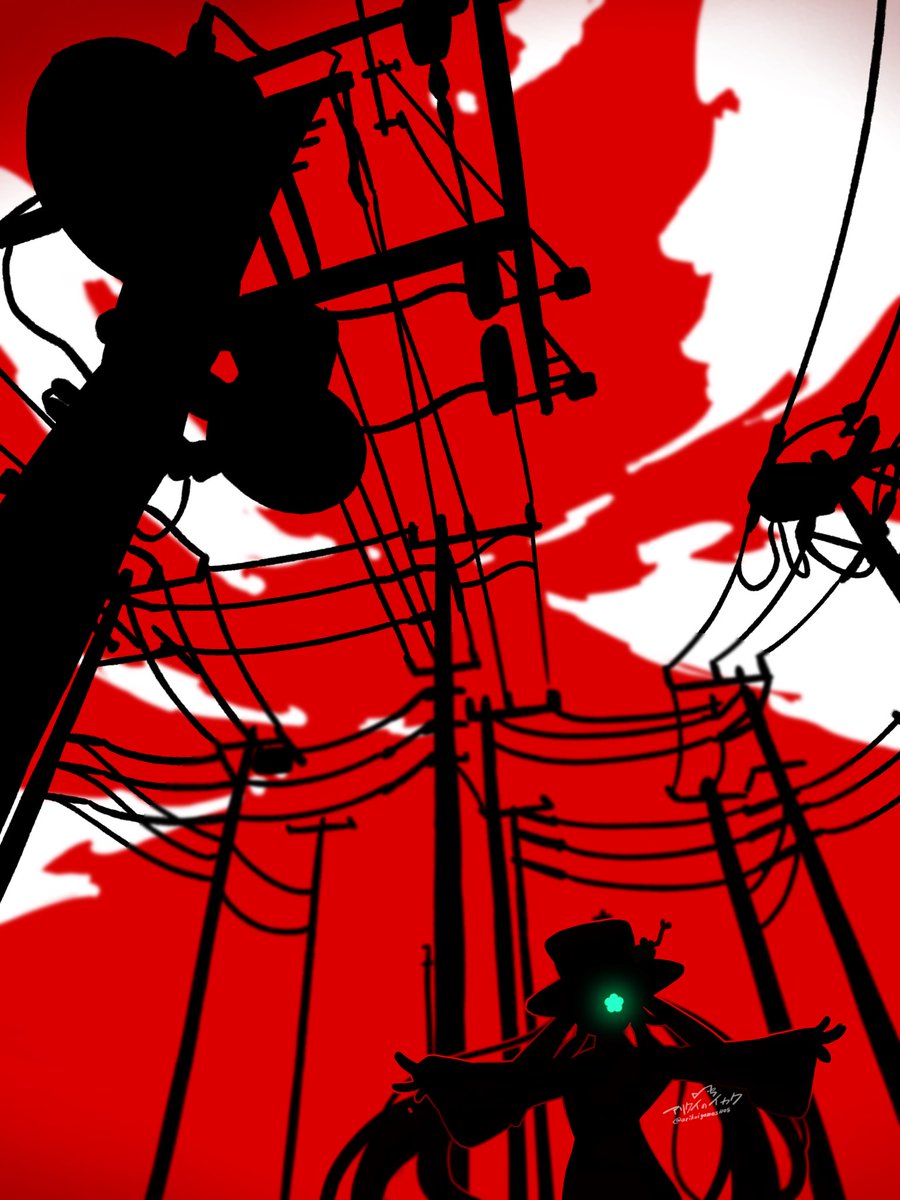 power lines silhouette utility pole 1girl hat twintails long hair  illustration images