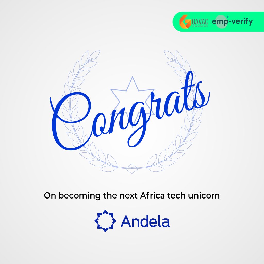 Gavac_Solutions's tweet photo. Management and staff would like to congratulate @Andela on becoming the next African tech unicorn.🎉 

You guys are awesome😎 

#EmpVerify #BackgroundCheck #Screening #Verify #Recruitment #Hire https://t.co/46wU4d1IrQ
