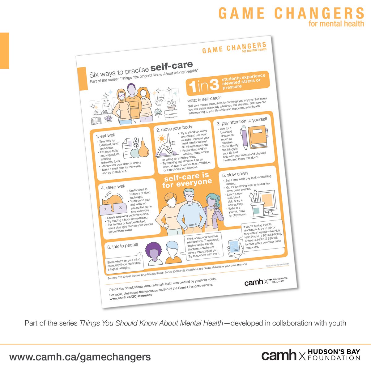 Practicing self-care is one way to manage our #mentalhealth. Here’s a thread with six easy-to-follow tips to help you get started. 🧵

For more info check out our #GameChangers4MH resources made in collab w/ youth: camh.ca/-/media/files/… #MIAW21 #MentalHealthIsHealth
