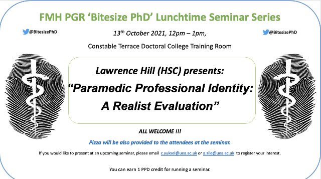 We’re back! Join us on the 13th October from 12-1 in person in the Doctoral College Training Room, joined by the fantastic @UEA_Paramedic 🚑 (we will also be streaming through Blackboard: check your emails for the link!) @UeaMed @UEA_Health @ueasu_pg @TheQuadram @PGRServiceUEA