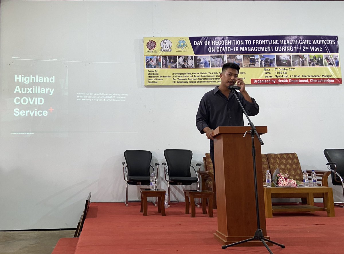 DennisHrangchal's tweet photo. Feeling honoured to speak about the power of volunteerism &amp; community on Day of Recognition hosted by Health Department, Churachandpur &amp; to receive ‘Vanguard Knight of COVID-19’ recognition on behalf of team @HighlandGroupIN from Hon'ble Minister Pu @VungzaginValte.
#HereForCCPur https://t.co/Pc89DDwYzT