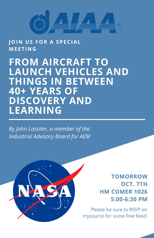 Join us tomorrow, October 7th, for a special meeting! We will be hosting John Lassiter, a member of the Industrial Advisory Board of AEM. If you plan on attending, please RSVP on mysource.ua.edu to help up get y’all some free food! See you tomorrow 🚀
