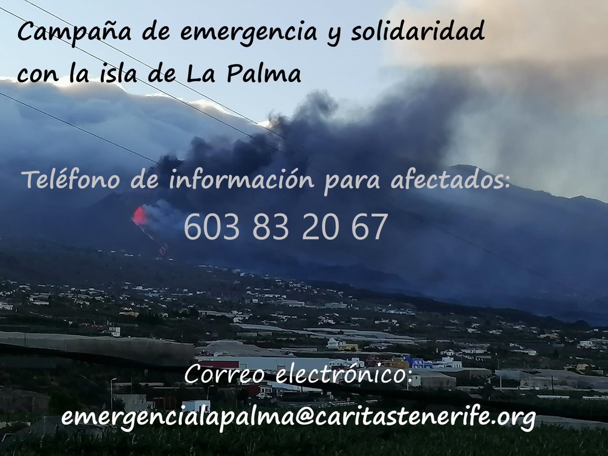 CaritasTenerife's tweet photo. Hemos habilitado un número de teléfono de información (603 83 20 67) para personas afectadas por la erupción volcánica en #LaPalma. Dicha línea estará operativa de lunes a viernes, de 9 a 14 h. También pueden escribirnos a emergencialapalma@caritastenerife.org 
#CadaGestoCuenta https://t.co/IqRU3q4RxK