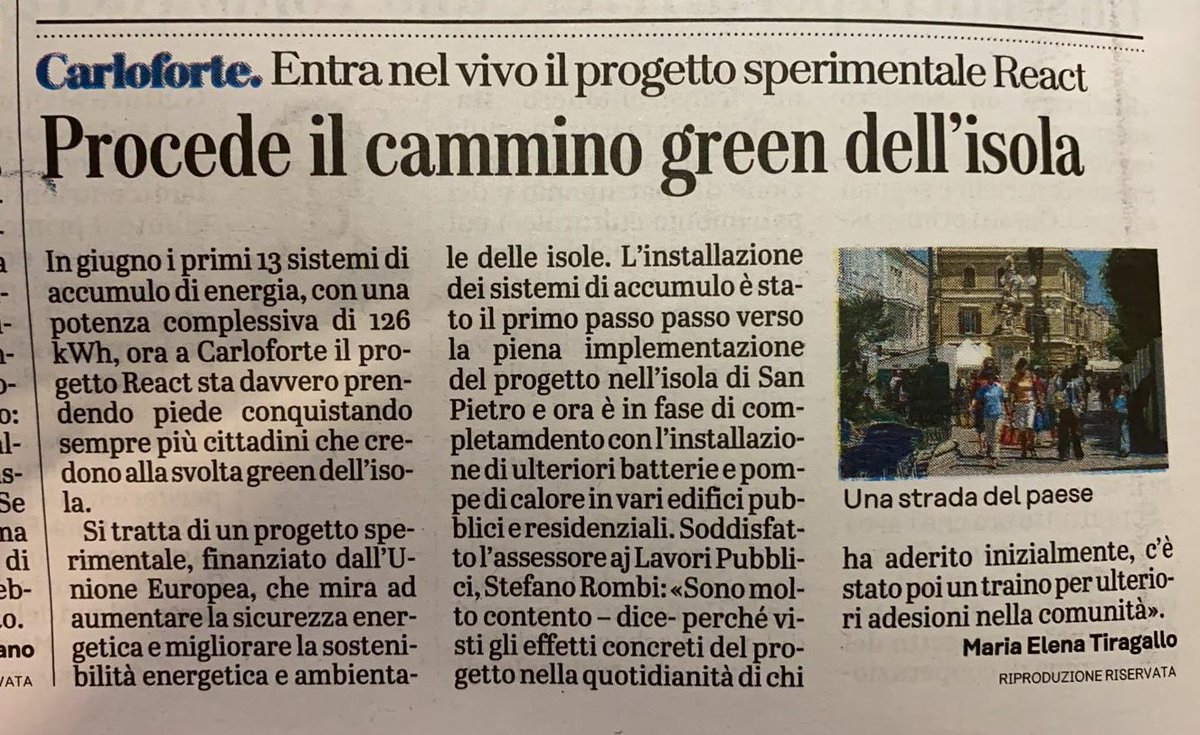 React2020's tweet photo. REACT is part of the green "rivoluzione"! πΏ
#ICYMI Our italian pilot was featured in the printed version of @UnioneSarda last week, where we recently installed 13 Energy Storage Systems, with a whole capacity of 126 kWh composed of #heatpumps and #batteries! https://t.co/Fi8006fZSt