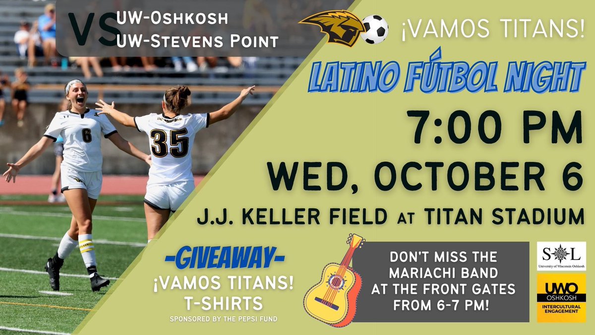 uwosol's tweet photo. Join us tonight for Latino Fútbol Night at 6pm to watch a Mariachi band play, support @UWOWSoccer at 7pm, and win a ¡Vamos Titans! t-shirt.☀️

Shuttles will be provided outside of Reeve at 6pm to bring people to the game and drop them off on campus after the game! https://t.co/qCAgCqDC40