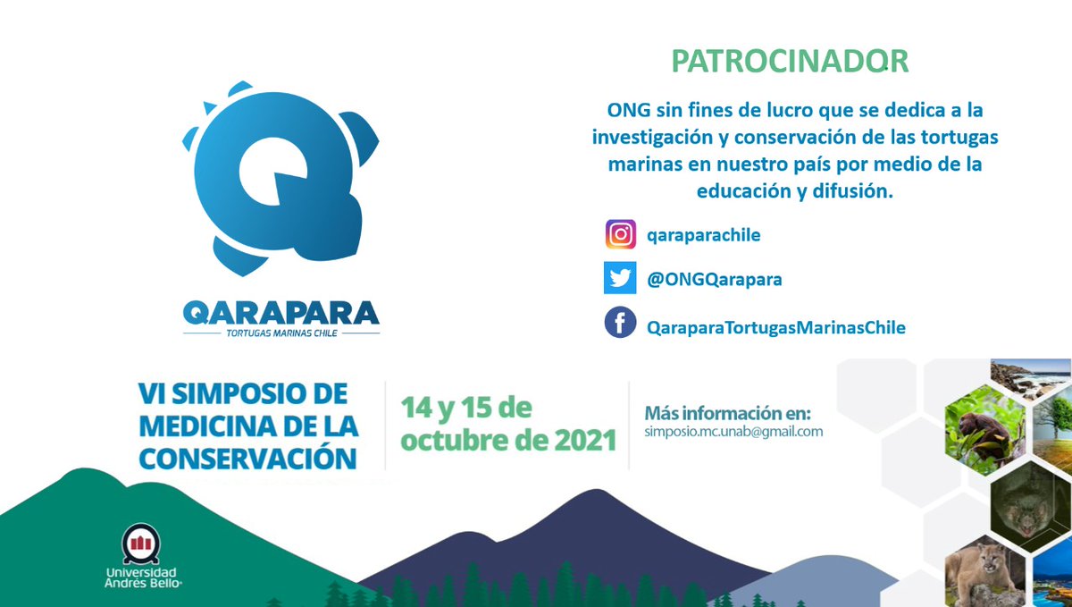 SimposioMdC's tweet photo. Another sponsor is QARAPARA Tortugas Marinas Chile (@ONGQarapara),a non-profit NGO created in 2012, dedicated to sea turtles research and conservation through education and dissemination in Chile.

IG: https://t.co/PrMCcnxBRf
FB: https://t.co/DNzoz2qZzt

#VIsimposioMC #OneHealth https://t.co/E2ACTJYi6d
