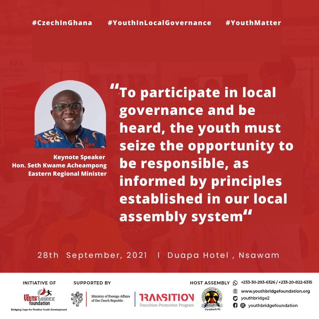 Eastern regional minister-Hon. <a href="/Acheampong_SK/">Seth Kwame Acheampong</a>  charges Ghanaian youth to take interest in local governance and assume responsibility in the building of their communities. #YouthMatter #YouthInLocalGovernance #CzechInGhana <a href="/mlgrdgov/">Min. of Local Gov’t, Decentralisation & Rural Devt</a>