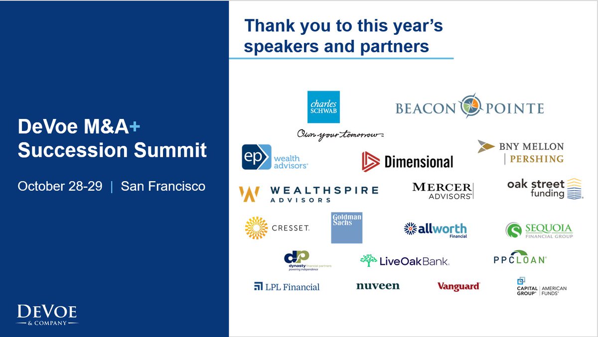 We are thrilled to offer attendees of the DeVoe M&amp;A+ Succession Summit the ability to learn from so many speakers and partners. We are very grateful for their support. Join us in San Francisco on 10/28-10/29: buff.ly/38lNTFv
<a href="/DavidDeVoe1/">David DeVoe</a>