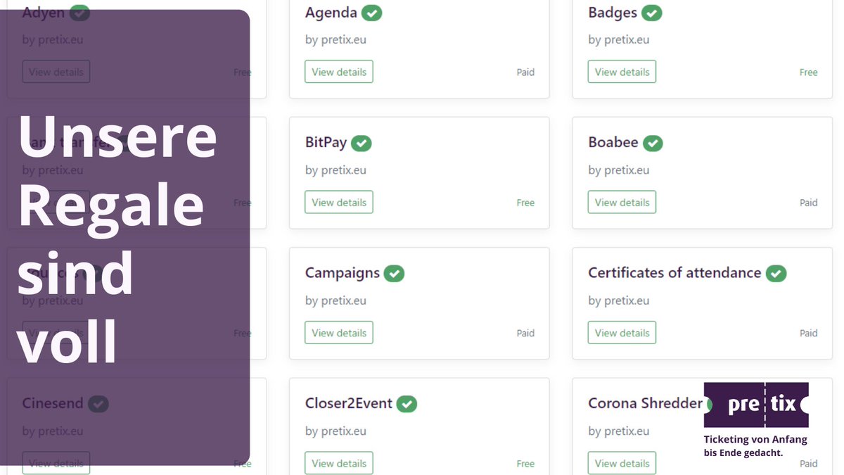 pretixeu's tweet photo. Mehr als 50 Plugins stehen Euch in pretixHosted zur Verfügung und können für alle selbstgehosteten #pretix Versionen ergänzt werden. 

#ticketing #eventprofs #eventmanagement #software

!B https://t.co/121SdVxs8G