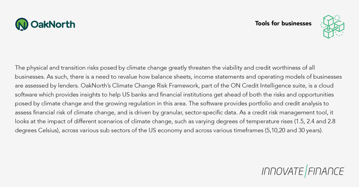 InnFin's tweet photo. FinTech can prepare FS for an increasing focus on climate and transition risk in lending and investment portfolios
💡@OakNorth's software provides analysis of risks and opportunities for US banks lending to SMEs
Hear from CEO Rishi Khosla next week: https://t.co/Z0hFfbKeLN https://t.co/kcw4lFAJ9L