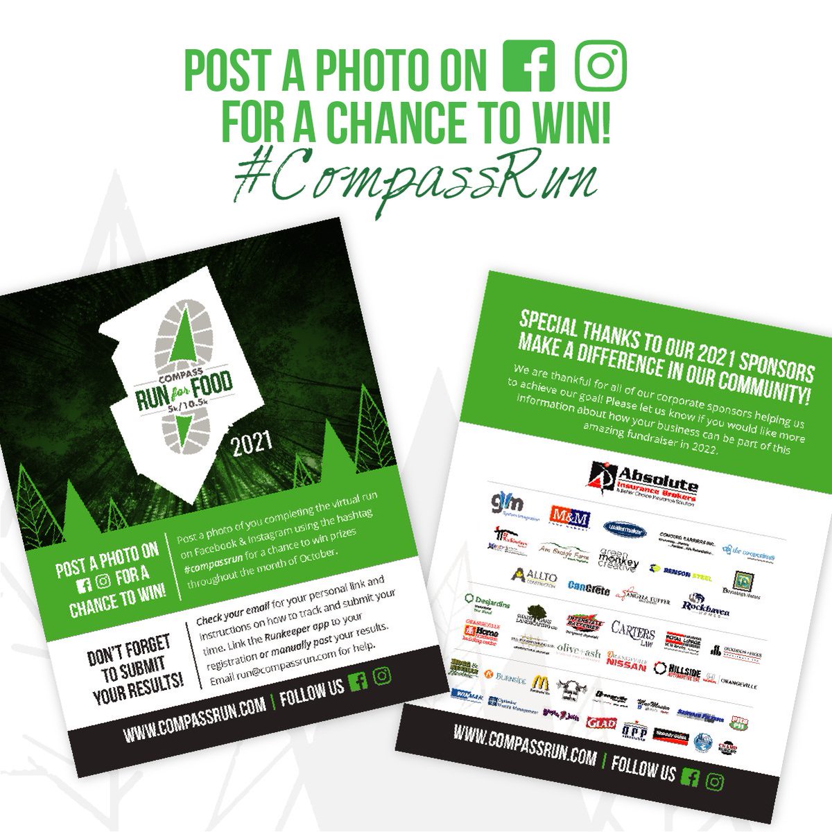 CompassRun4Food's tweet photo. Post a photo of you completing the virtual run on Facebook &amp; Instagram using the hashtag #compassrun for a chance to win prizes throughout the month of October!

Refer to the postcard in your swag bag for details on how to submit your results! https://t.co/jIaQV4zNoK