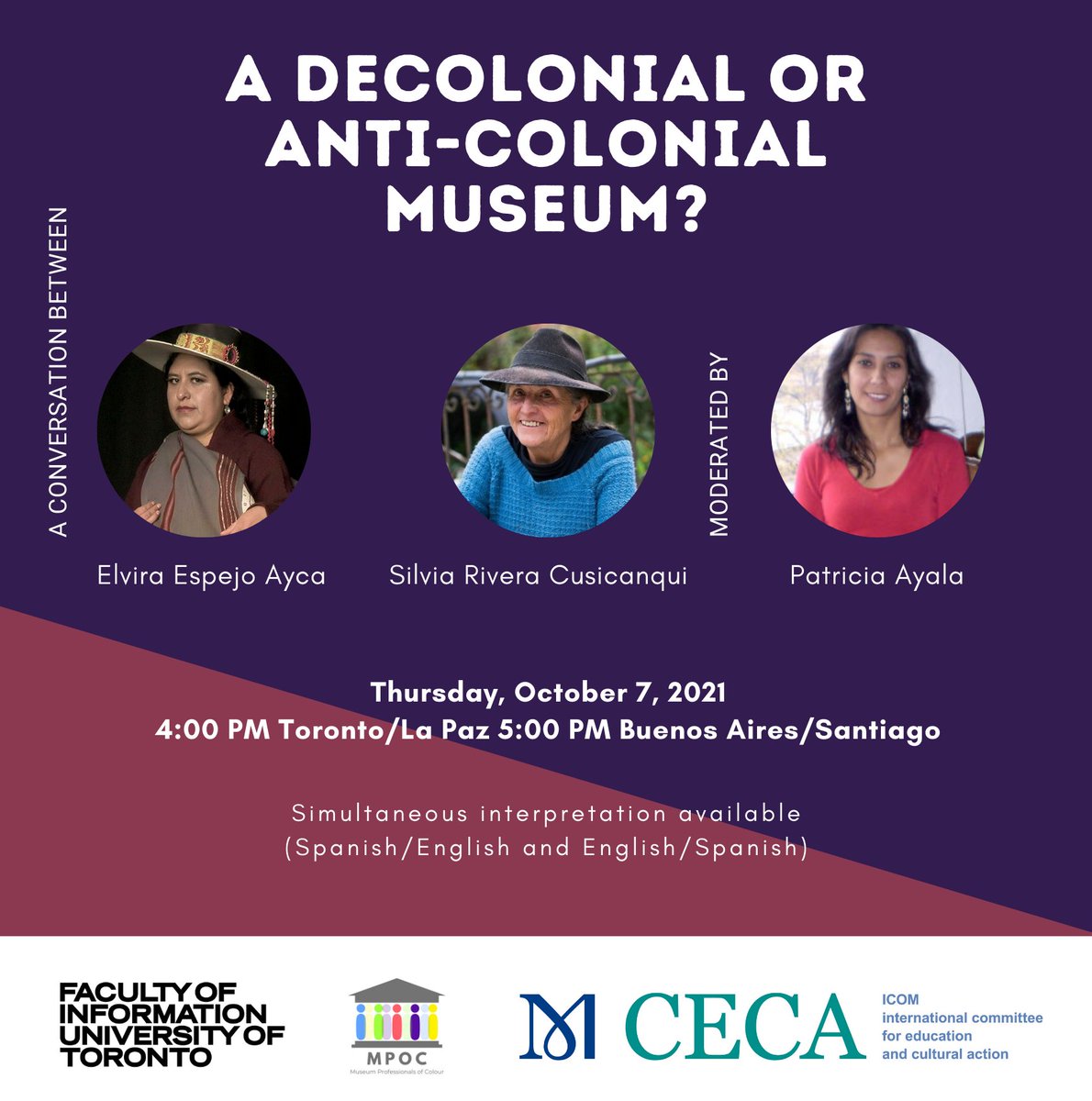 MMSt in partnership with <a href="/MPOC_UofT/">Museum Professionals of Colour</a> and ICOM's Committee on Education and Cultural Action for Latin America and the Caribbean invites you to attend a conversation between 3 leaders in decolonizing scholarship and museum practice, on Oct 7 at 4pm. bit.ly/3nDQuFb