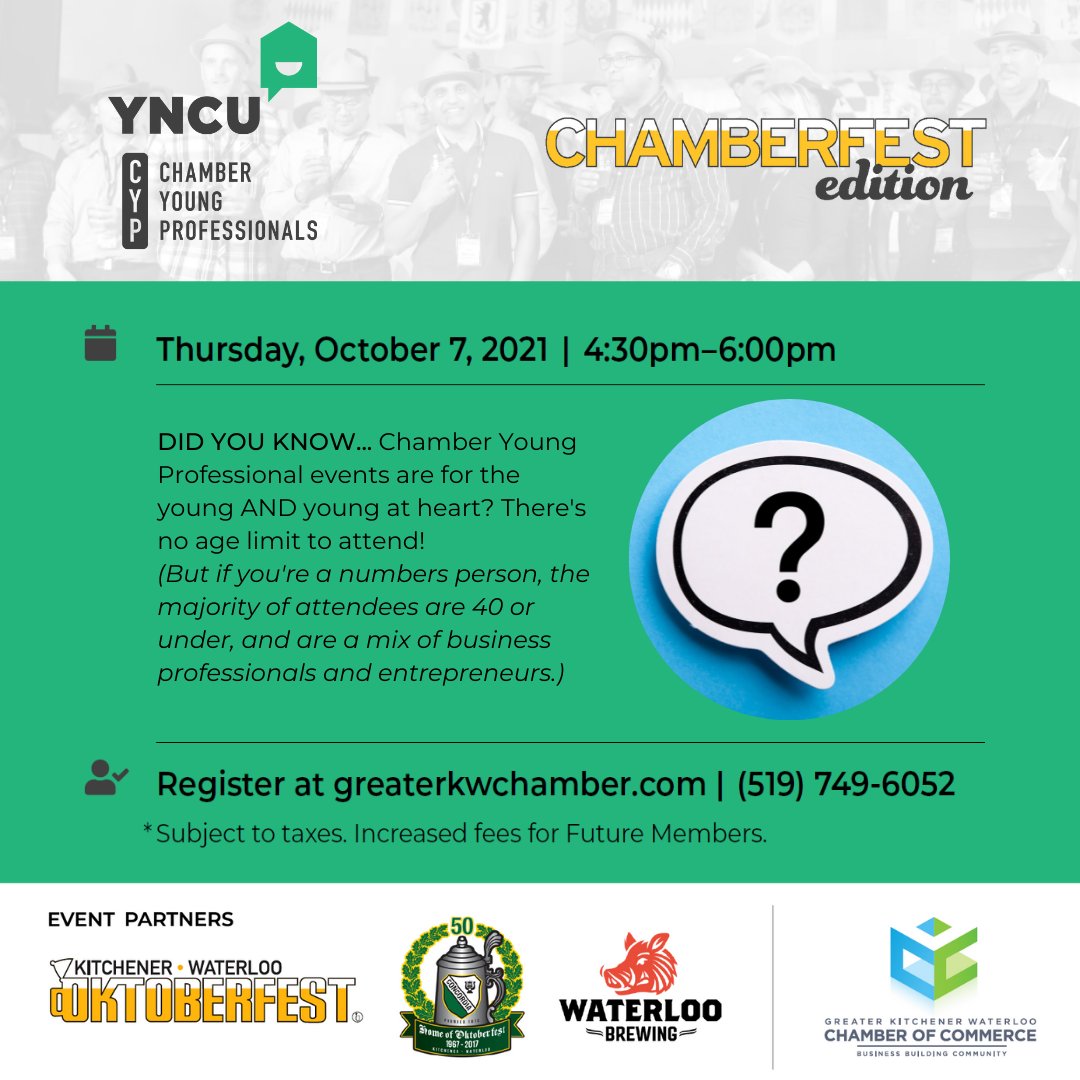 🔔 TOMORROW! The <a href="/YourNCU/">YNCU</a> <a href="/KWCYP/">KWCYP</a> along with <a href="/KW_Oktoberfest/">K-W Oktoberfest Inc.</a> present CHAMBERFEST.
🎉 Enjoy the event from the comfort of your home with networking, entertainment, beer tasting, &amp; the option to purchase a schnitzel dinner. 
✅ Register here: bit.ly/3zwyIWY