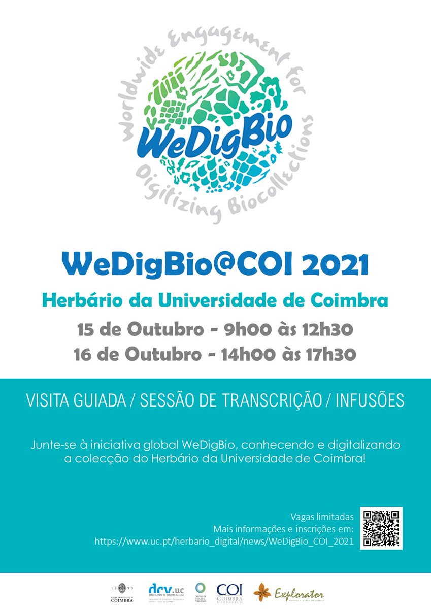 Pela primeira vez o Herbário da Universidade de Coimbra vai juntar-se à iniciativa global @WeDigBio para um momento divertido e descontraído, ajudando a libertar milhares de dados. As vagas são limitadas! Mais informações e inscrições em uc.pt/herbario_digit…