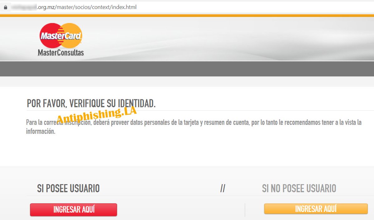 AntiPhishing_La's tweet image. CUIDADO: nuevo #phishing de @MastercardArg alojado en sitio vulnerado. Roba credenciales de acceso, datos personales y de la tarjeta.