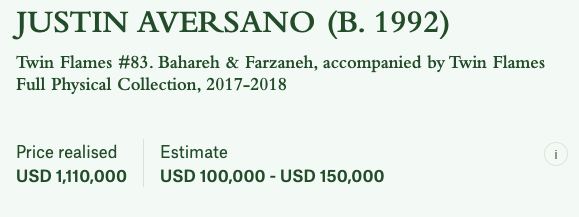 farokh's tweet photo. Congratulations .@JustinAversano for realizing $1,110,000 USD for the Twin Flames physical collection alongside an NFT. Big congratulations to the buyer, who in my opinion, just got himself a solid deal! https://t.co/GkqaJprl7R